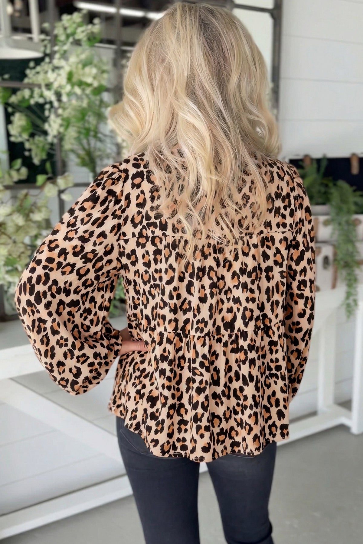 Khaki Leopard Tie Front Blouse- XL