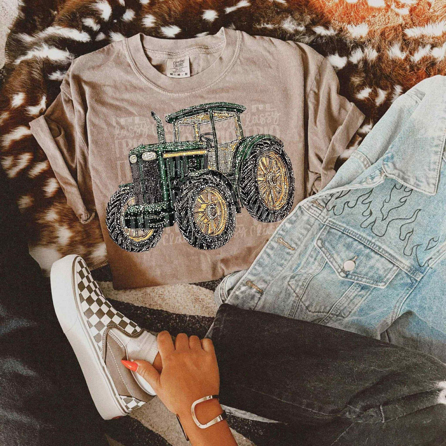 Faux Rhinestone Green Tractor