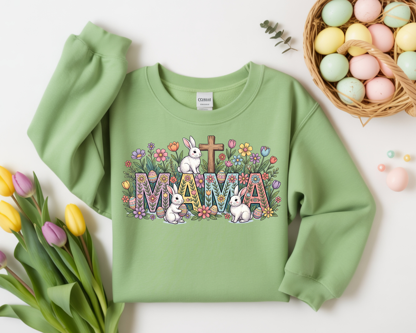 Floral Mama with Bunnies and Cross