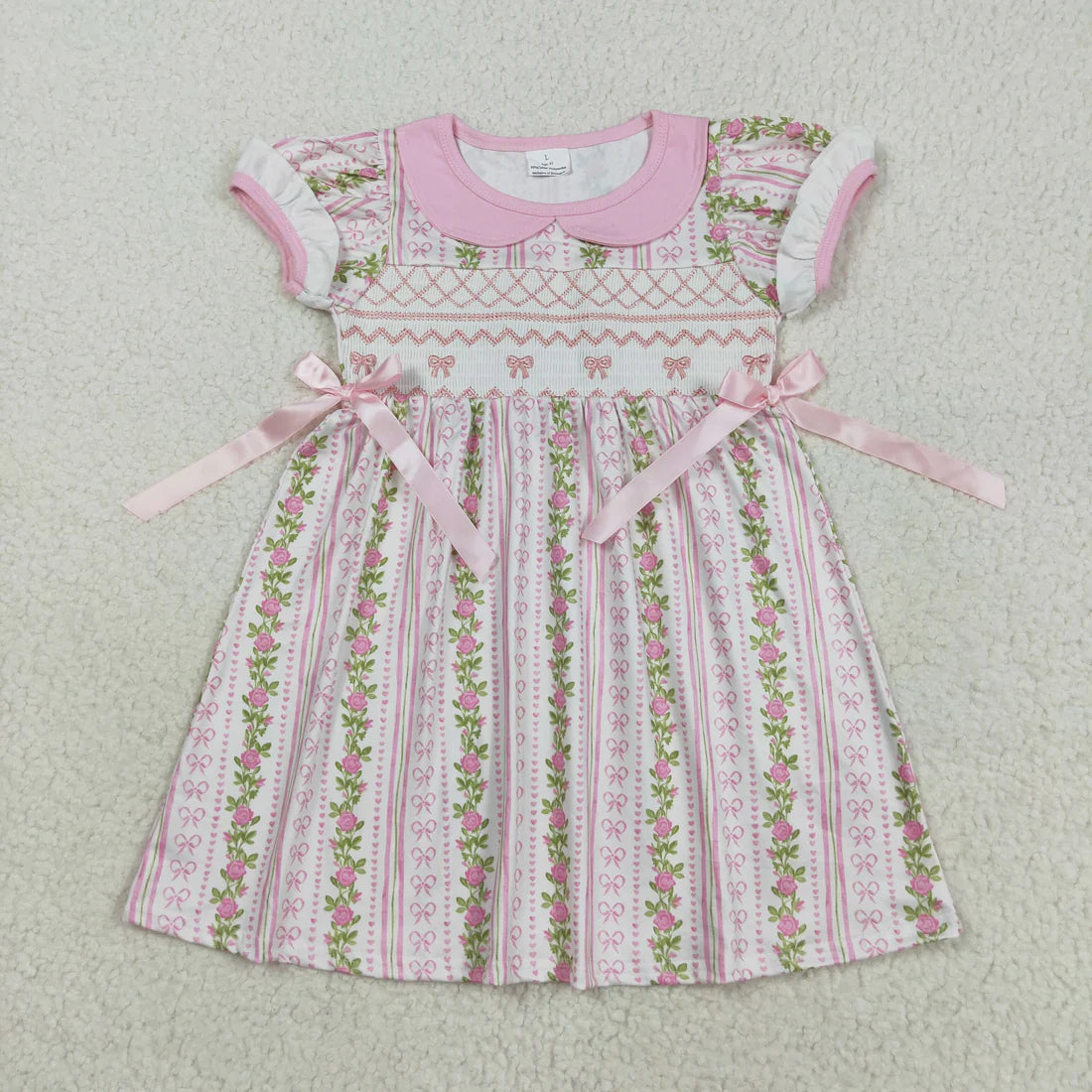 Embroidered Pink Bows and Floral Short Sleeve Dress