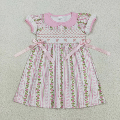 Embroidered Pink Bows and Floral Short Sleeve Dress