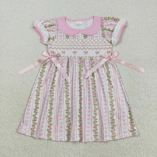 Embroidered Pink Bows and Floral Short Sleeve Dress