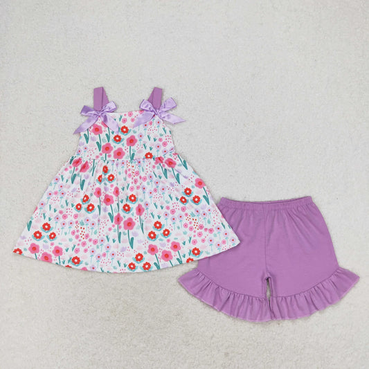 Floral 2pc Set with Purple Bows and Purple Ruffle Shorts