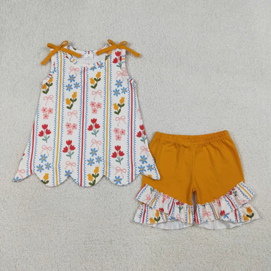 Girls Bows And Flowers Stripe Scallop Tunic with Ruffle Shorts