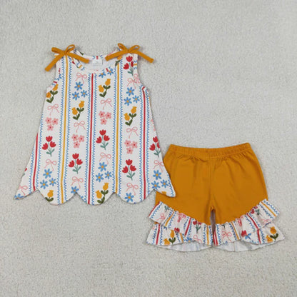 Girls Bows And Flowers Stripe Scallop Tunic with Ruffle Shorts