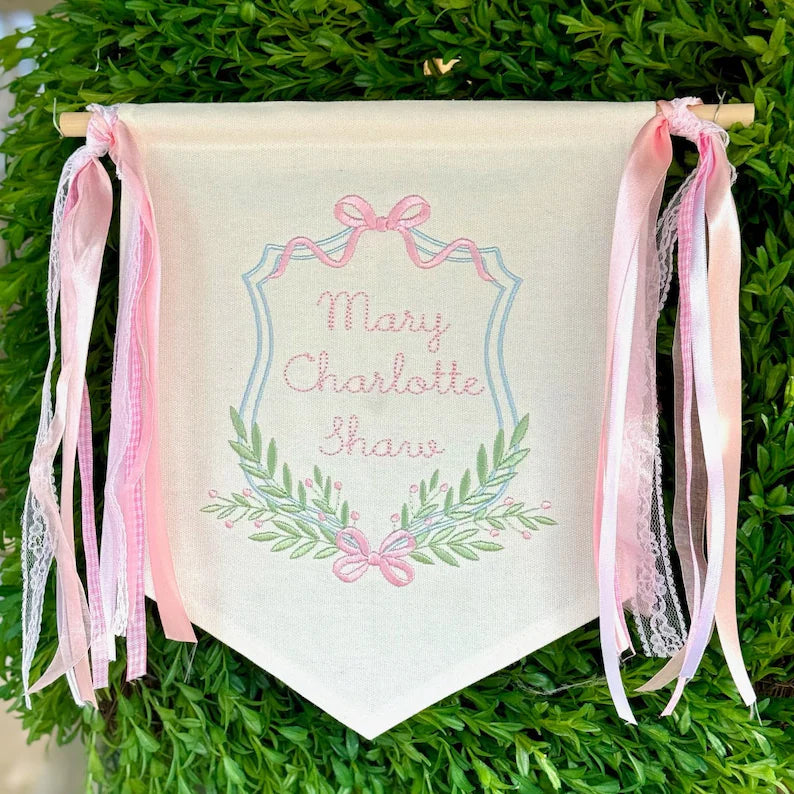 Baby Girl Pink Blue and Green Ribbon Crest Banner