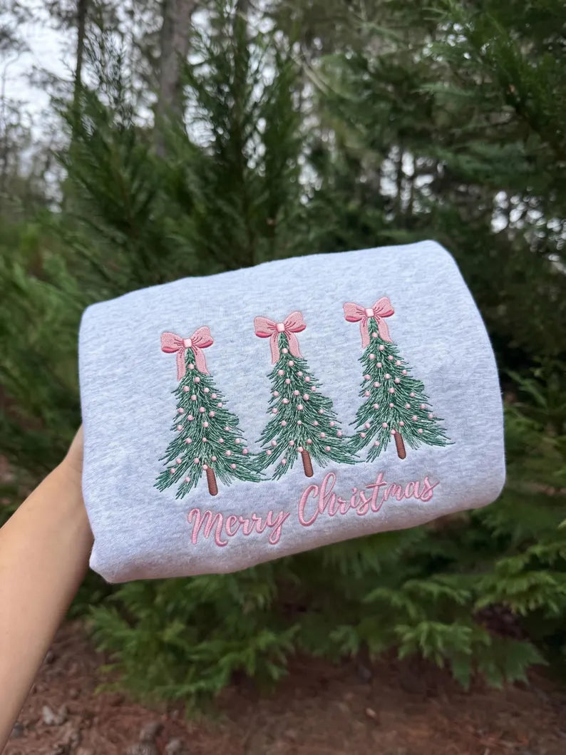 Pink Bow Christmas Tree Trio — Merry Christmas Embroidery