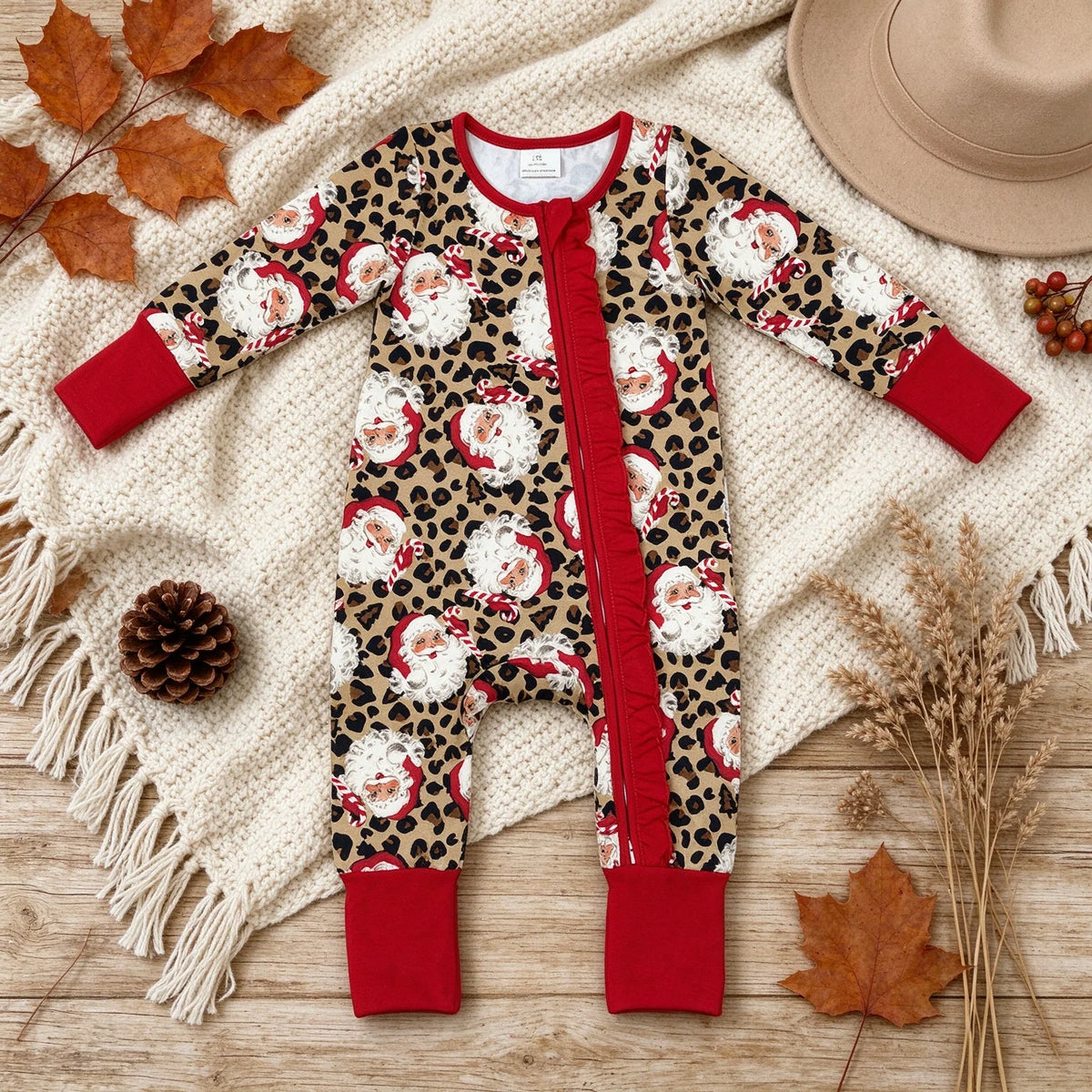 Leopard Santa Ruffle Baby Romper