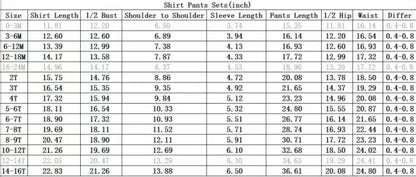 Size chart in inches