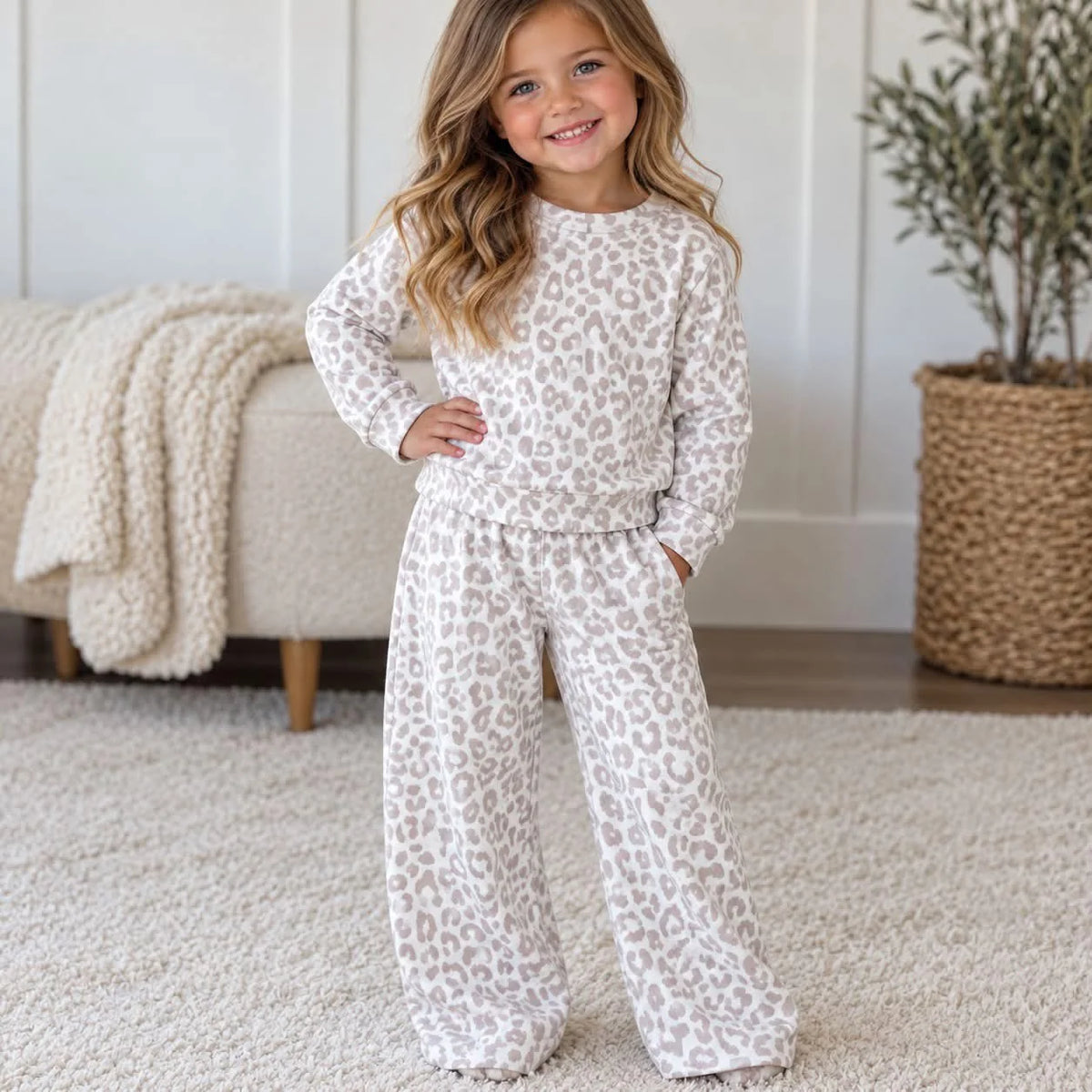 Neutral leopard print pants set