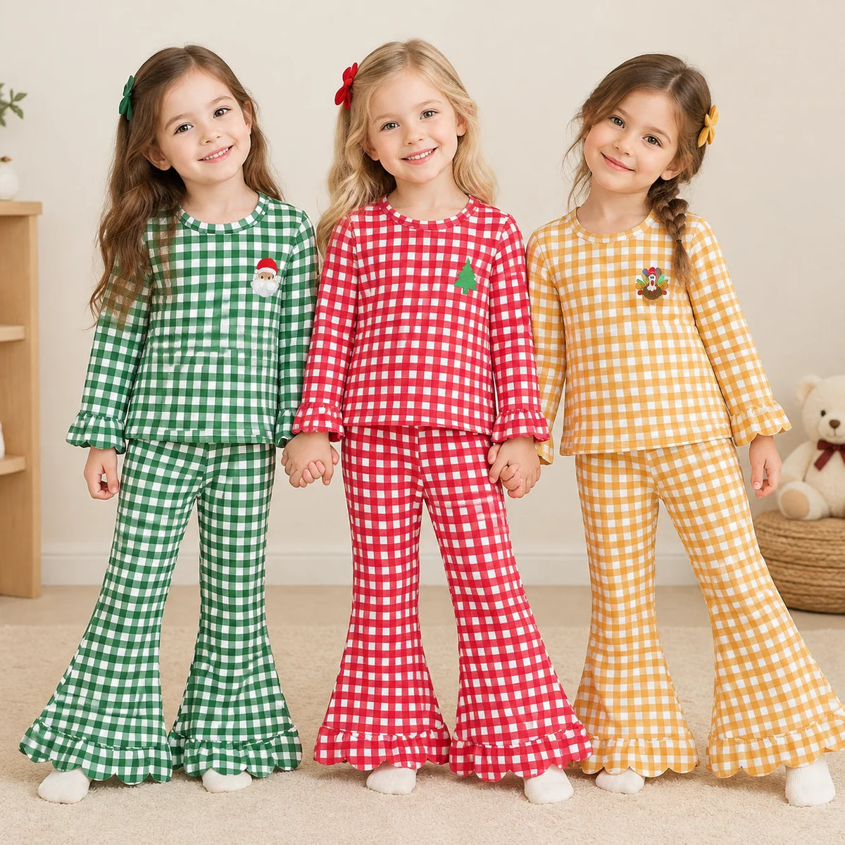 Embroidered Holiday Gingham Pants Sets