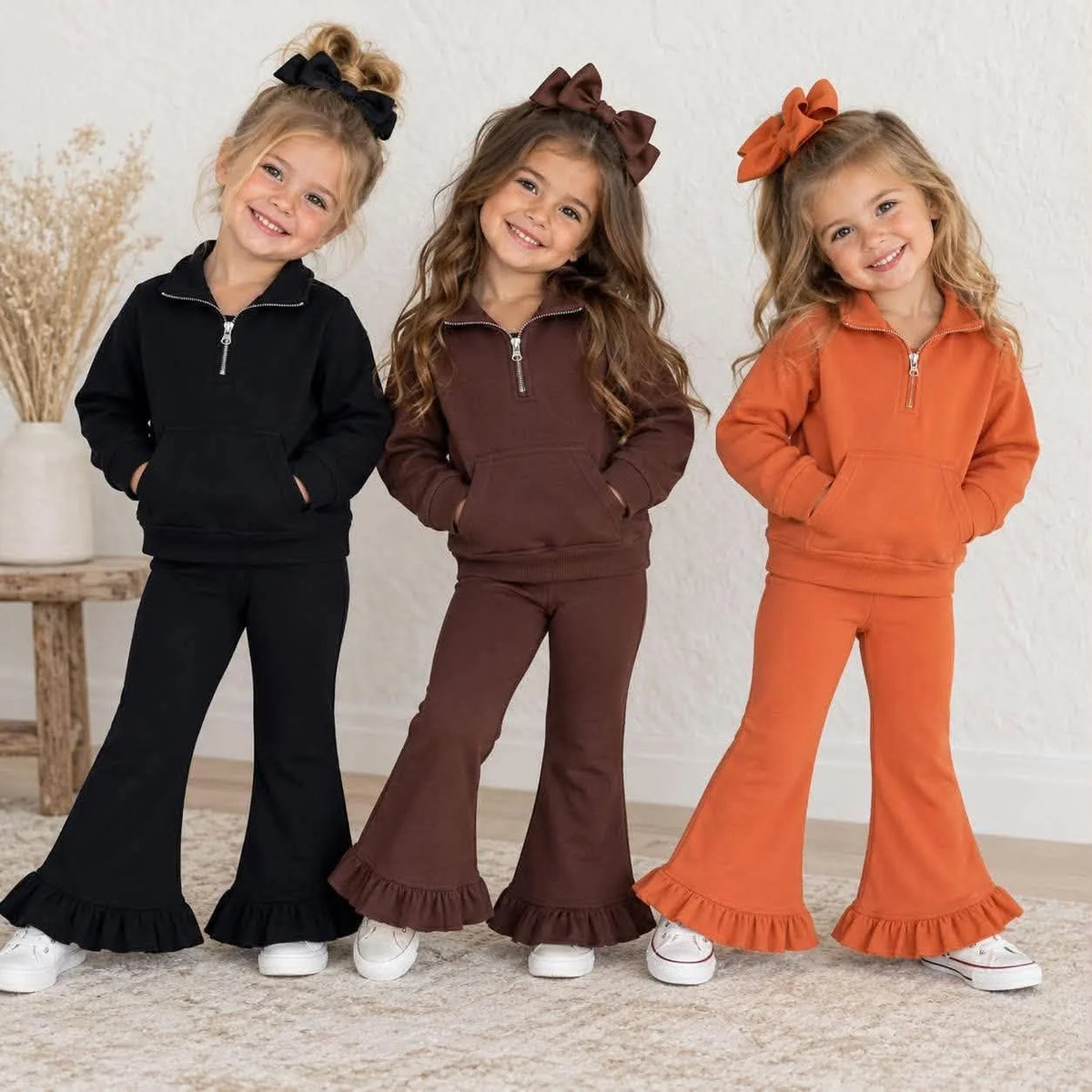 Kids Fleece Quarter Zip Ruffle Pants Set