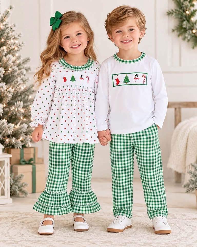 Classic Christmas Green Gingham Sibling Sets