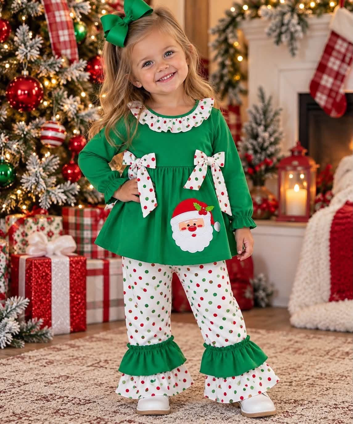 Santa Polka Dot Green Ruffle Pants Set
