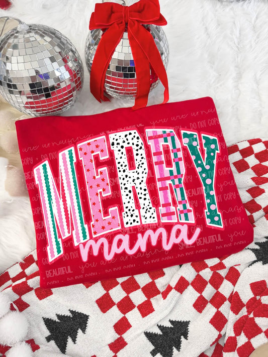 Merry Mama Christmas design on red shirt