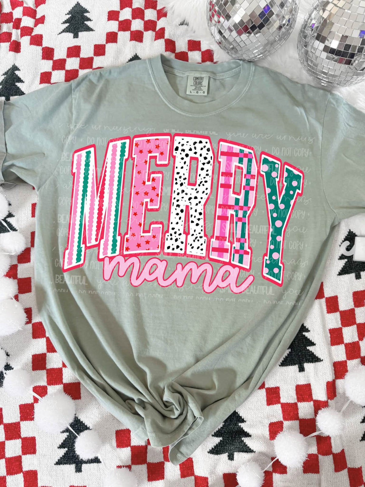 Merry Mama design on light green tee
