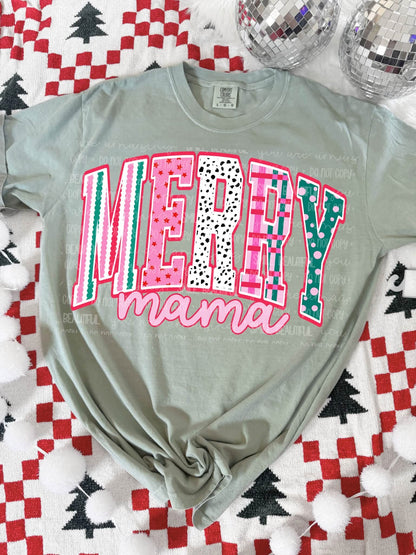 Merry Mama design on light green tee