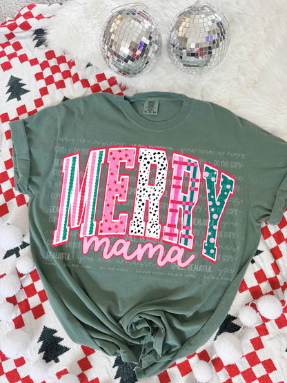 Merry Mama design on green tee