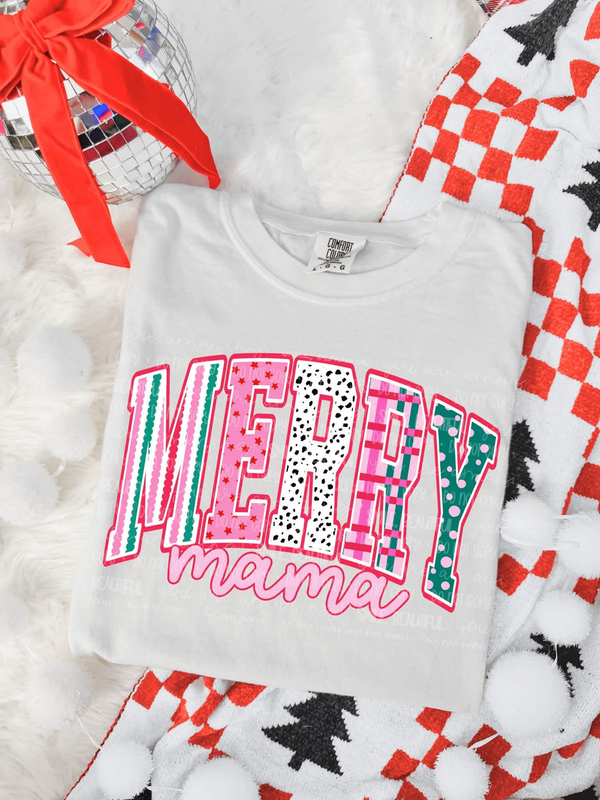 Merry Mama design on white tee