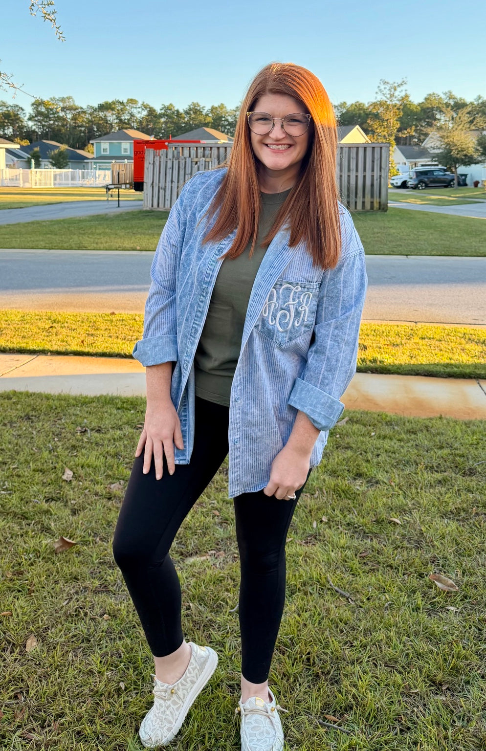 Monogrammed vintage wash denim shirt