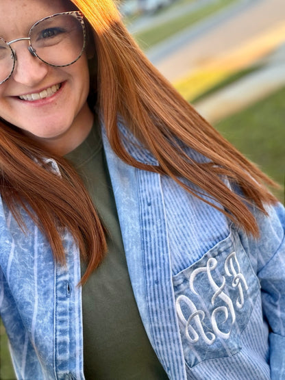 Monogrammed vintage wash denim shirt