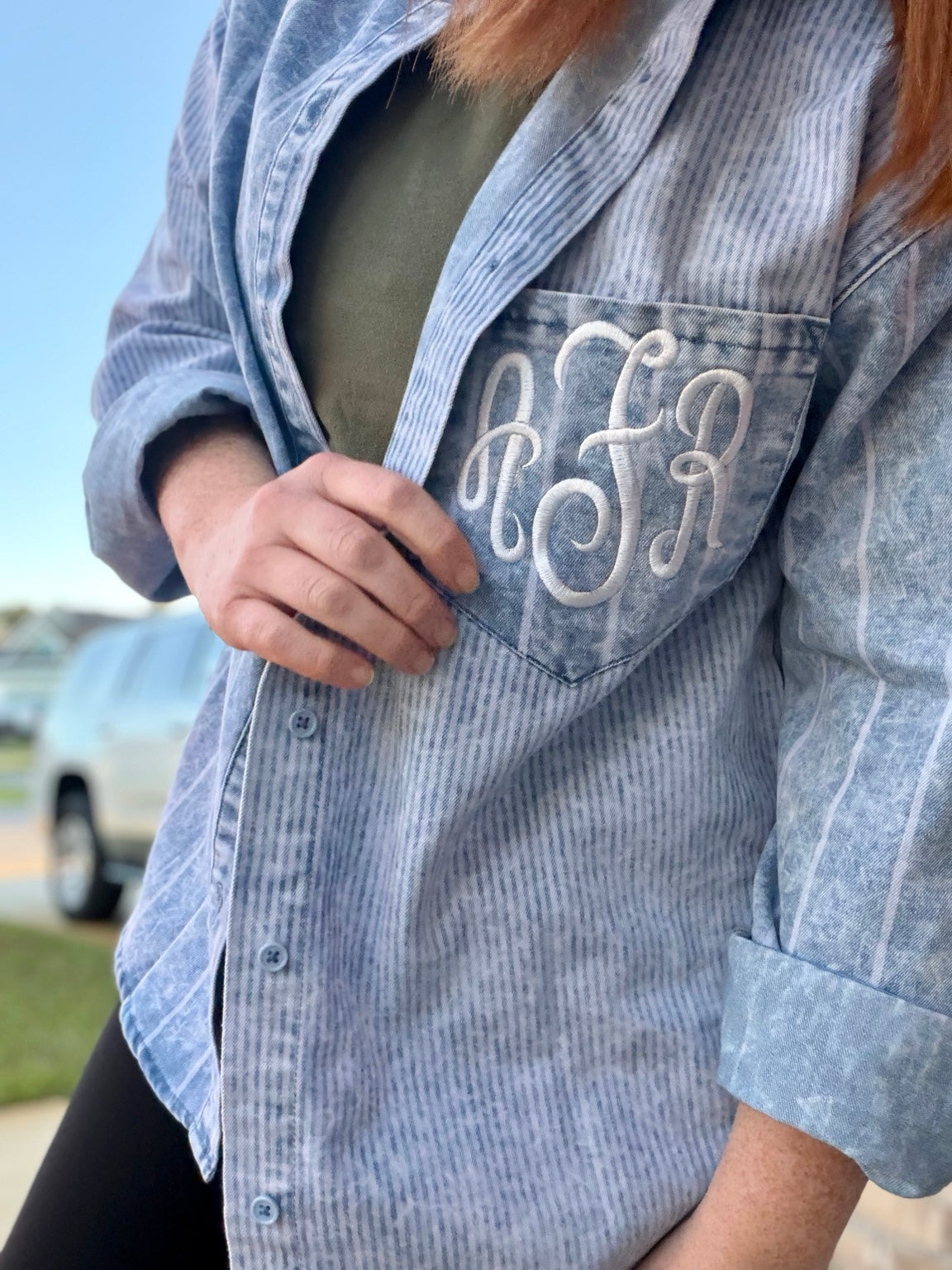 Monogrammed vintage wash denim shirt