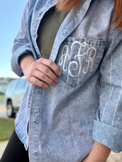 Monogrammed vintage wash denim shirt