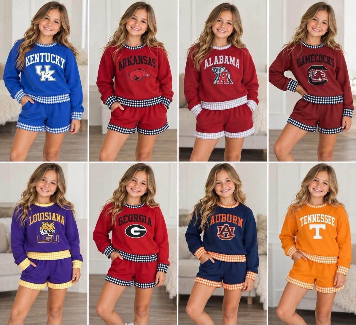 College Team Gingham Trim Shorts Sets