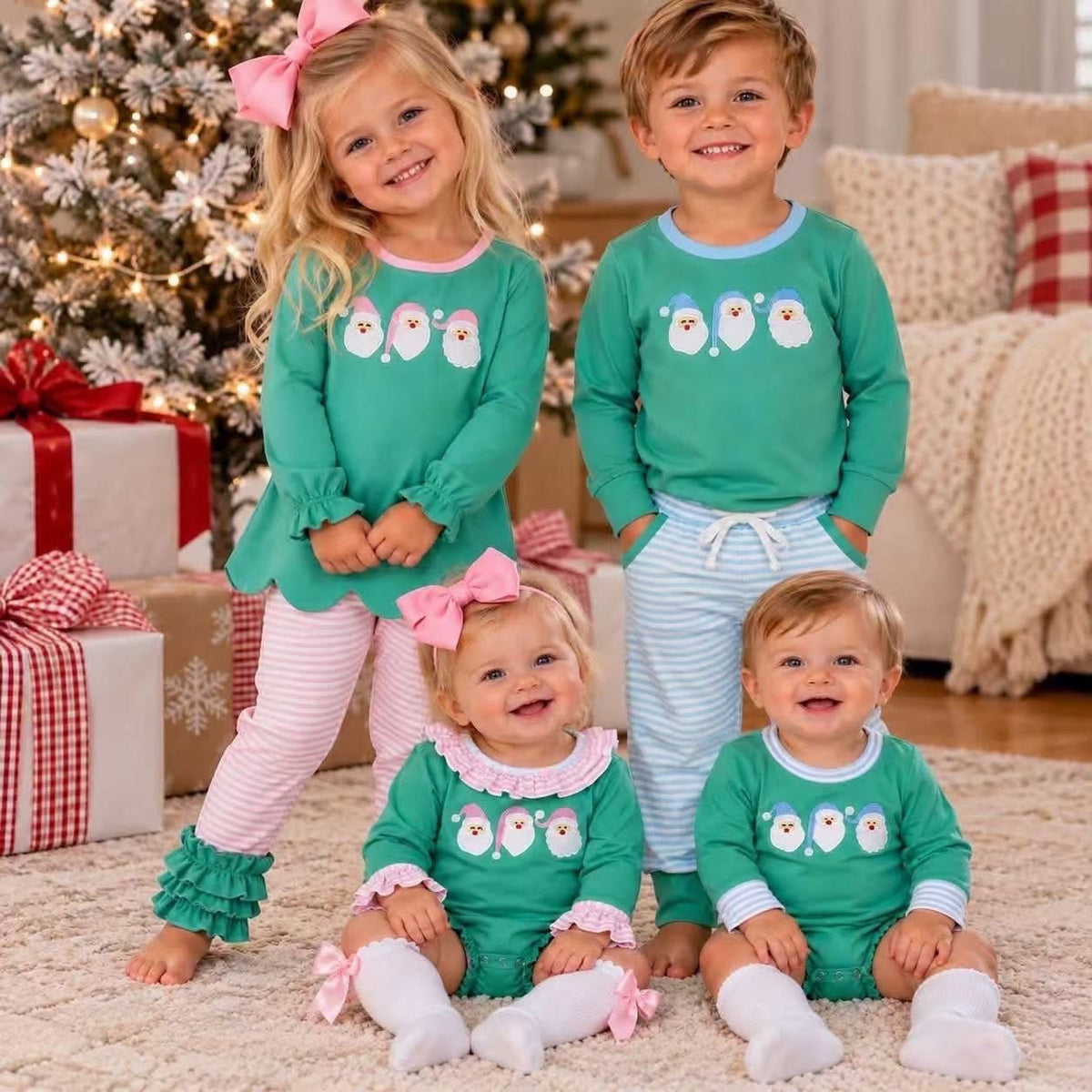 Pastel Santa Trio Striped Sibling Outfits