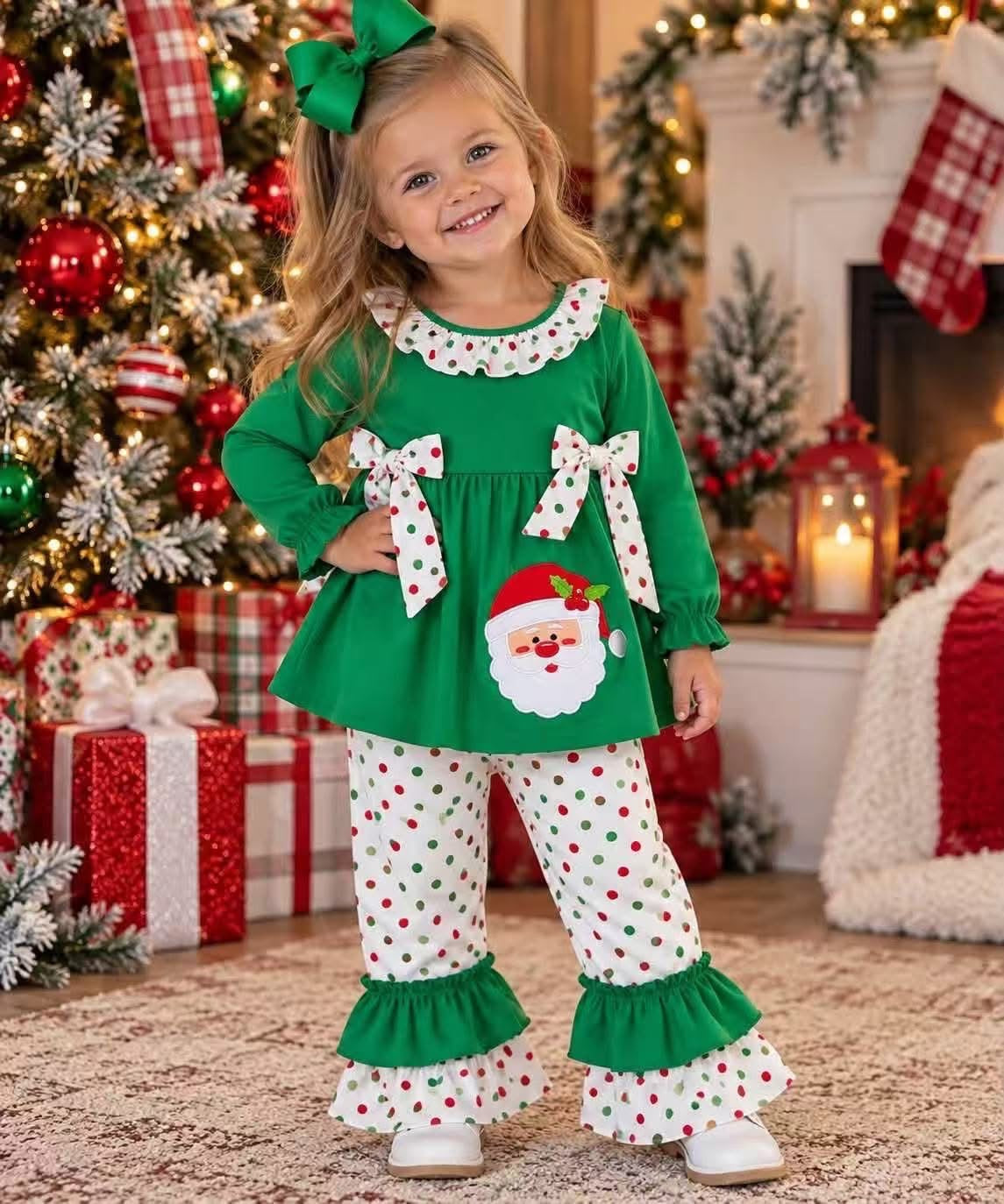 Santa Polka Dot Green Ruffle Pants Set — alternate photo