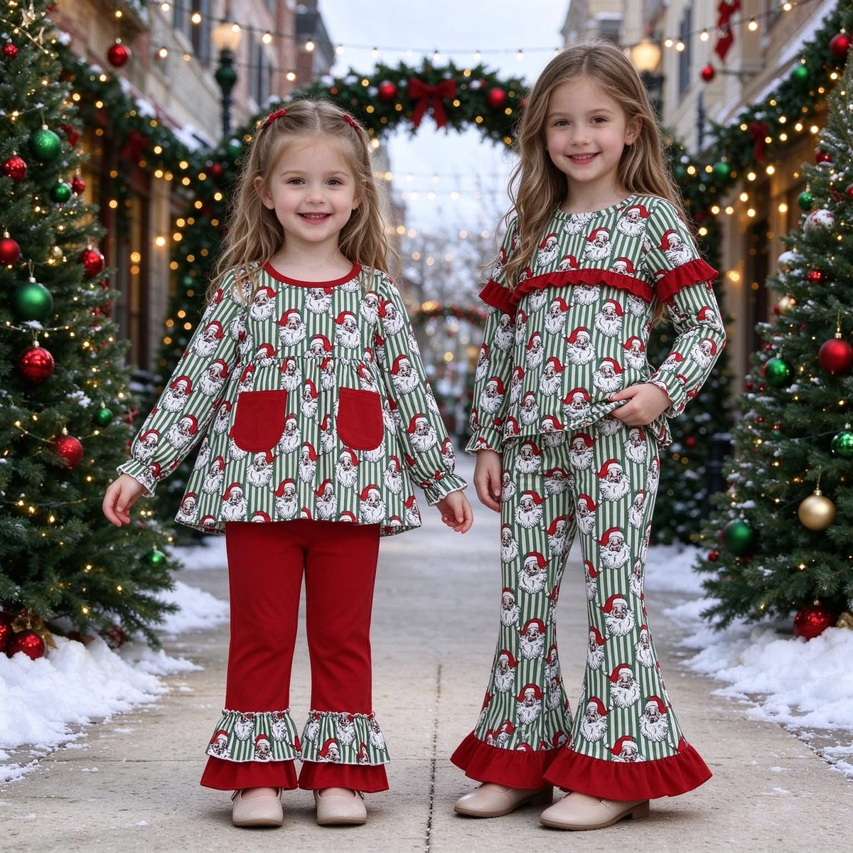 Green Striped Santa Ruffle Pants Sets