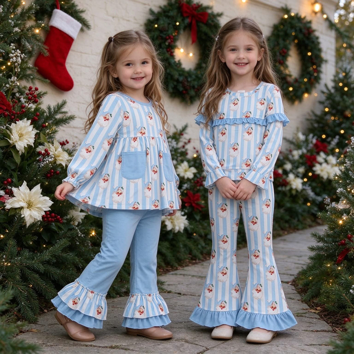 Blue Striped Santa Ruffle Pants Sets