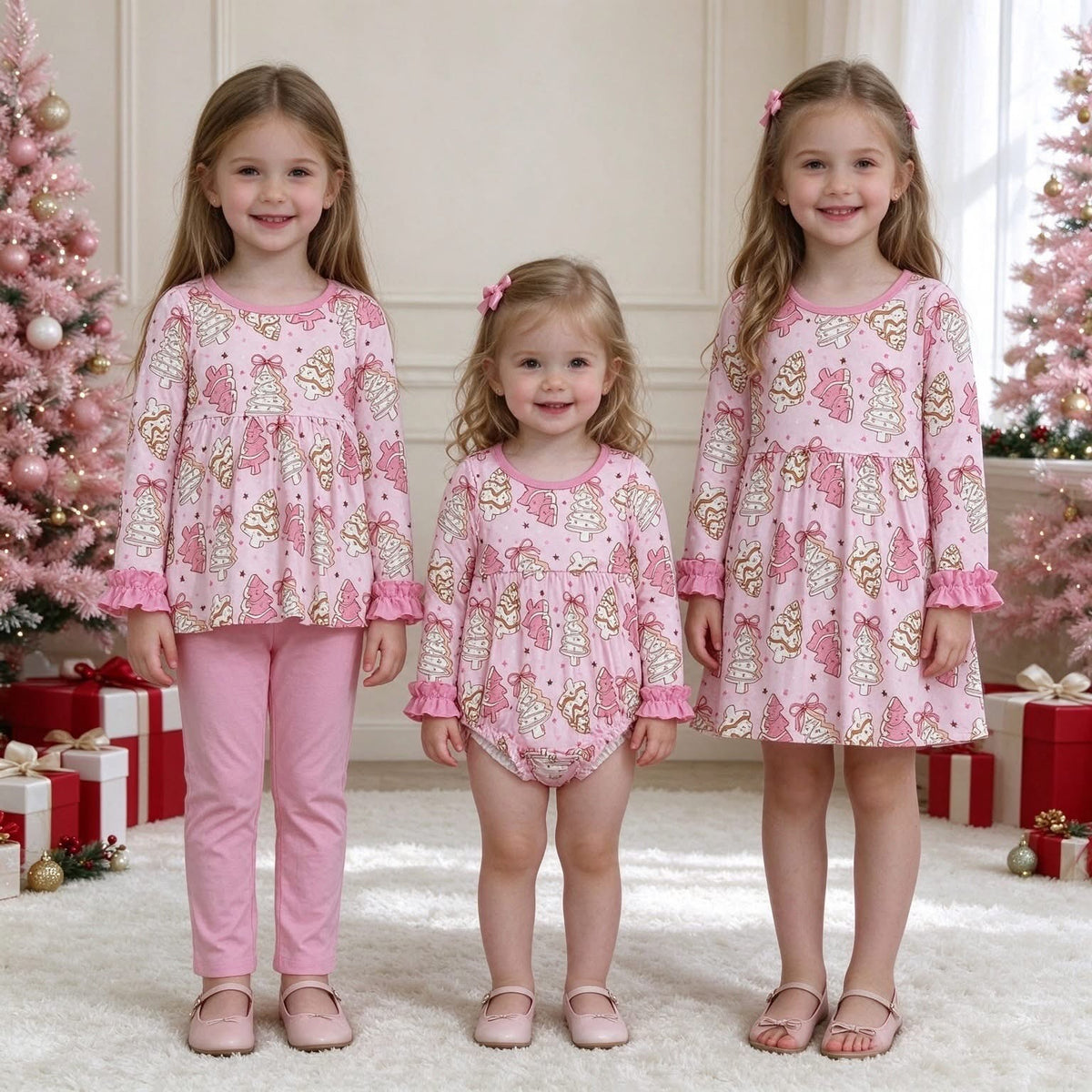 Pink Christmas Tree Cookie Sibling Outfits