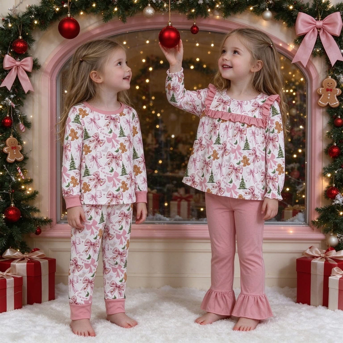 Pink Gingerbread & Bows Matching Pants Sets