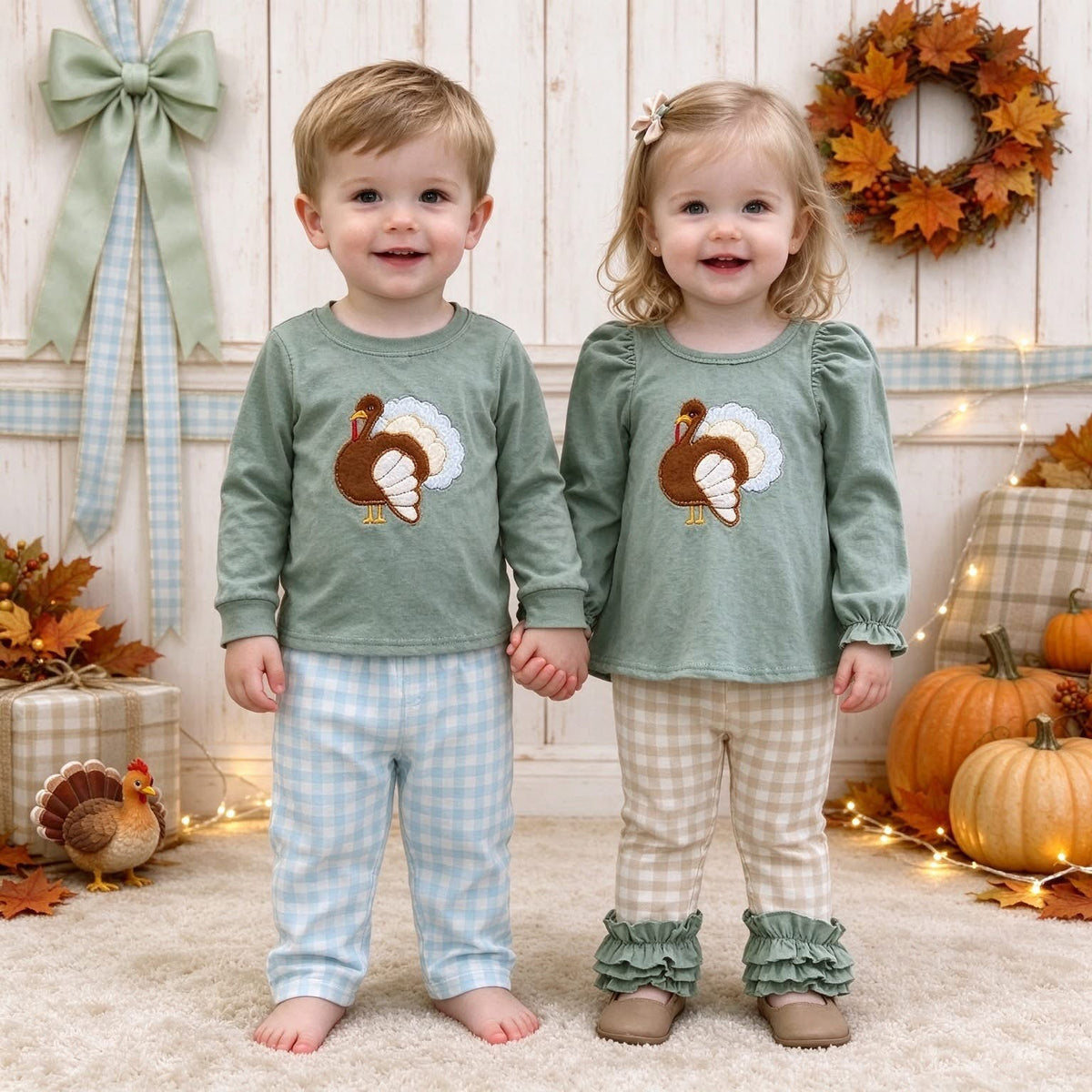 Sage Turkey Gingham Sibling Pants Sets