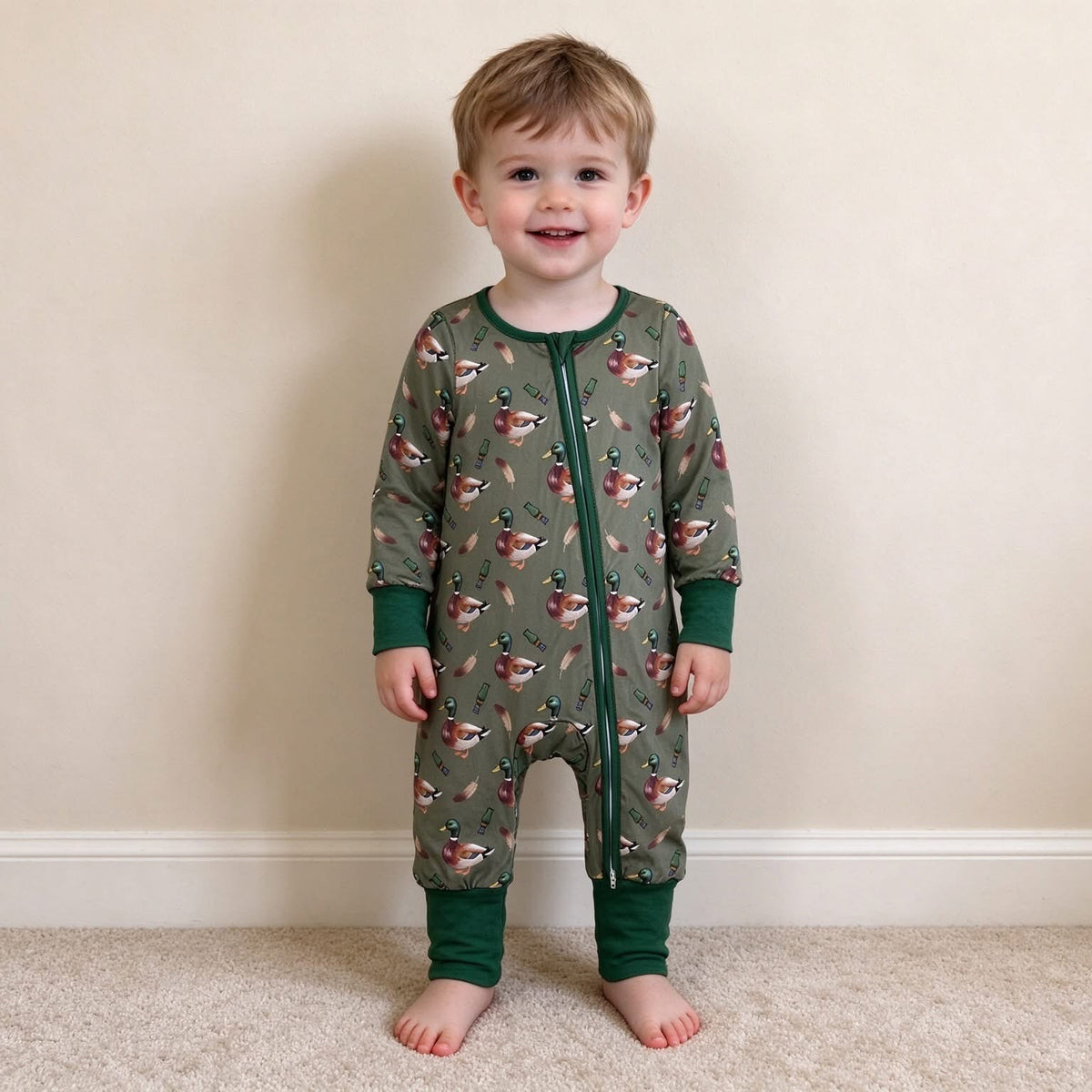 Olive Mallard Zip Baby Romper