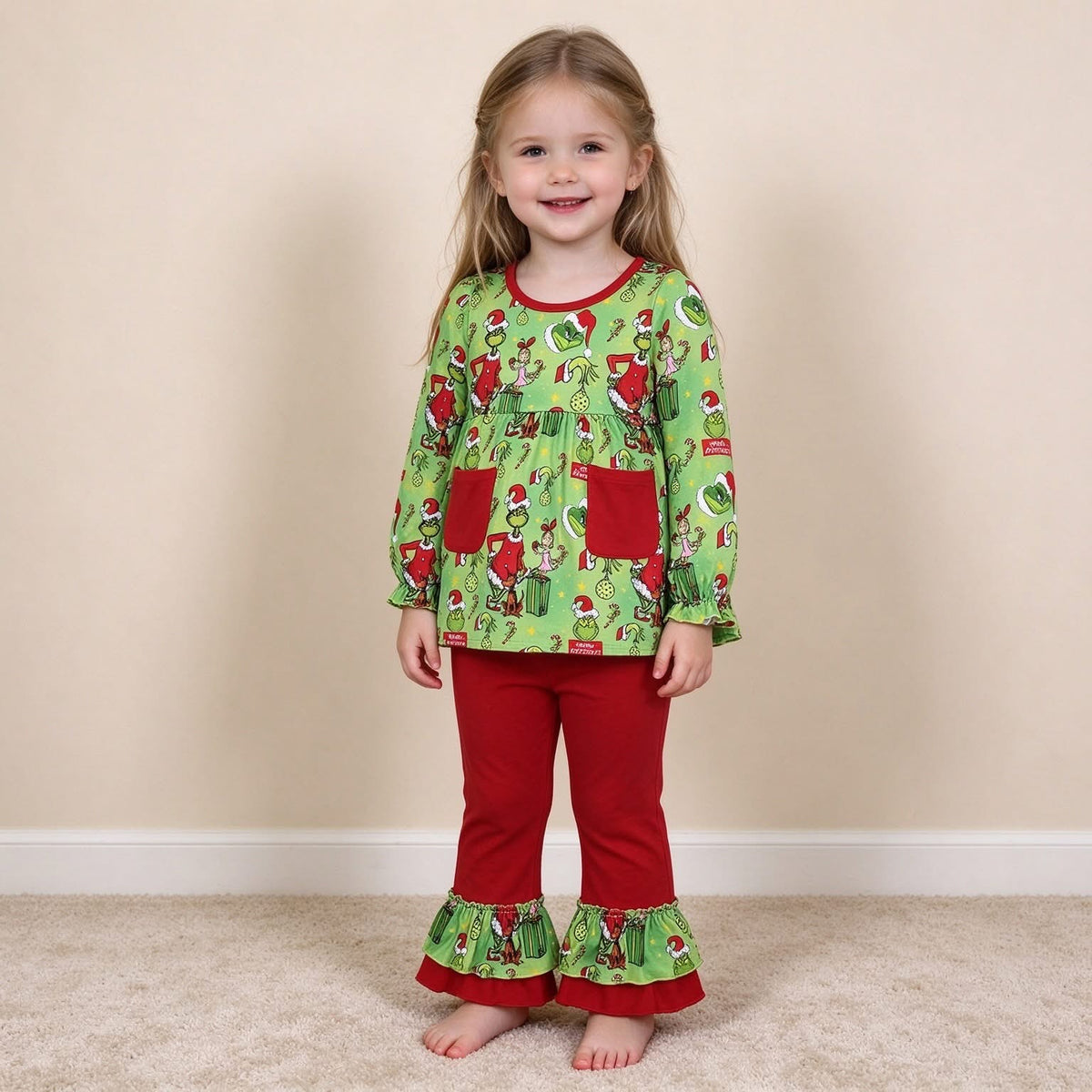 Green Grinch Red Ruffle Pants Set