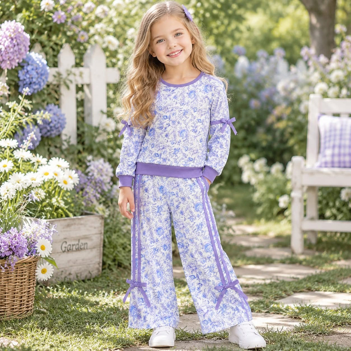 Lavender Floral Bow Wide Leg Pants Set