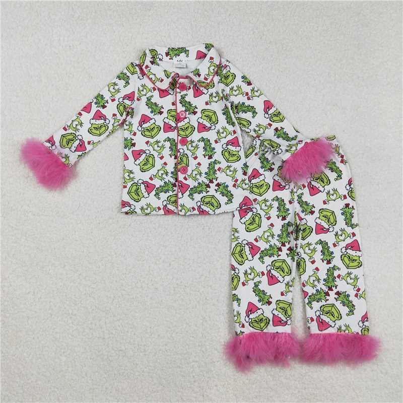 Pink Grinch Fluffy Trim Button Front Pants Set