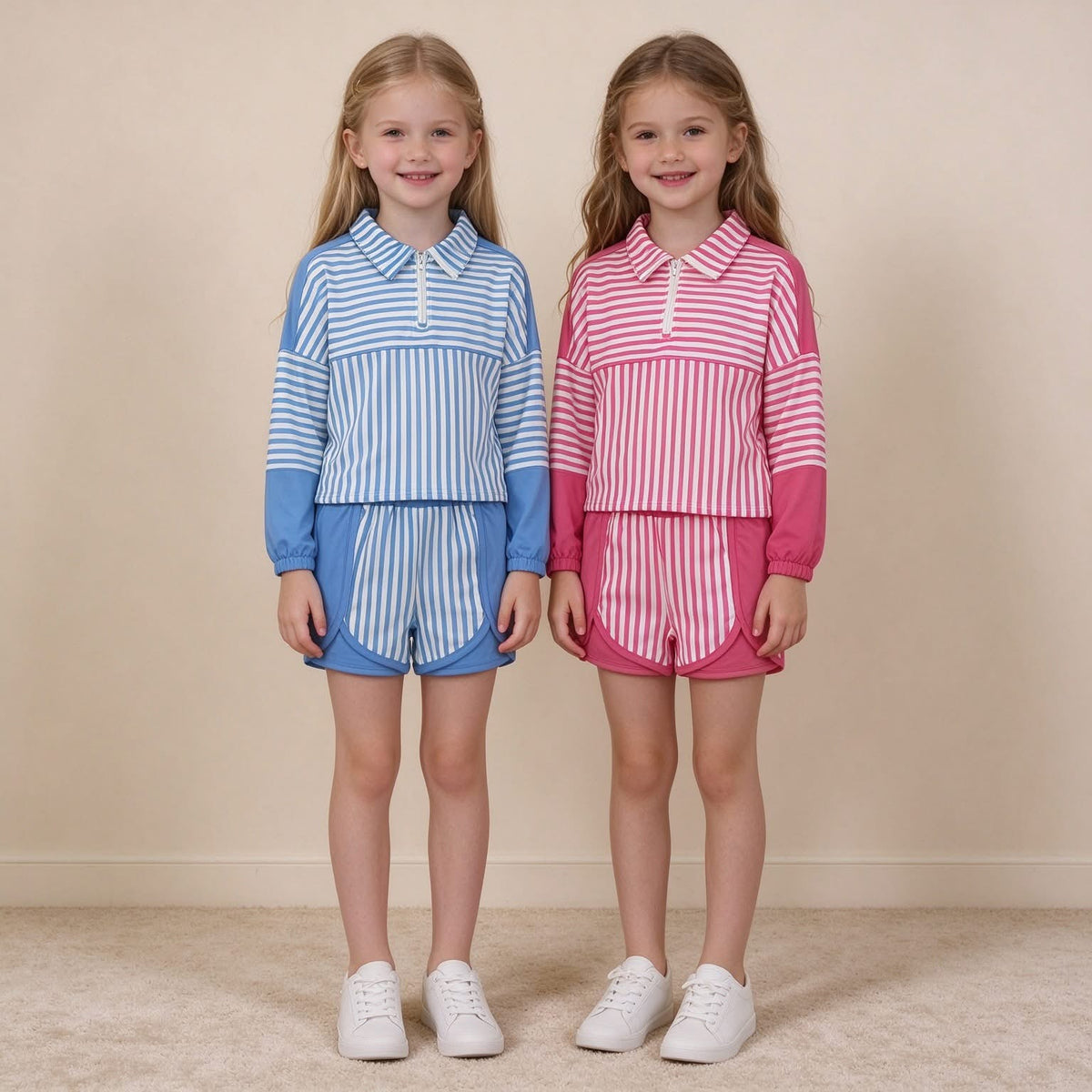 Pink & Blue Striped Quarter Zip Shorts Sets