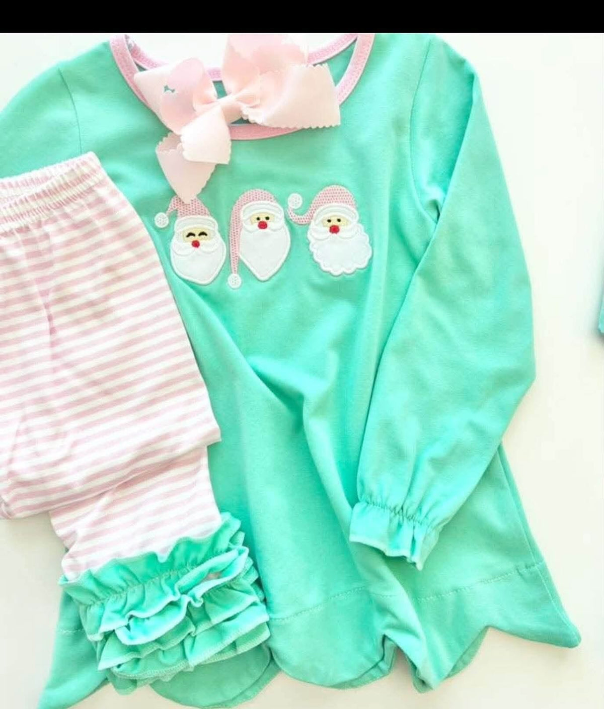 Girls pastel Santa trio pink stripe ruffle pants set