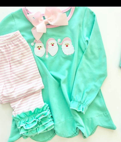 Girls pastel Santa trio pink stripe ruffle pants set