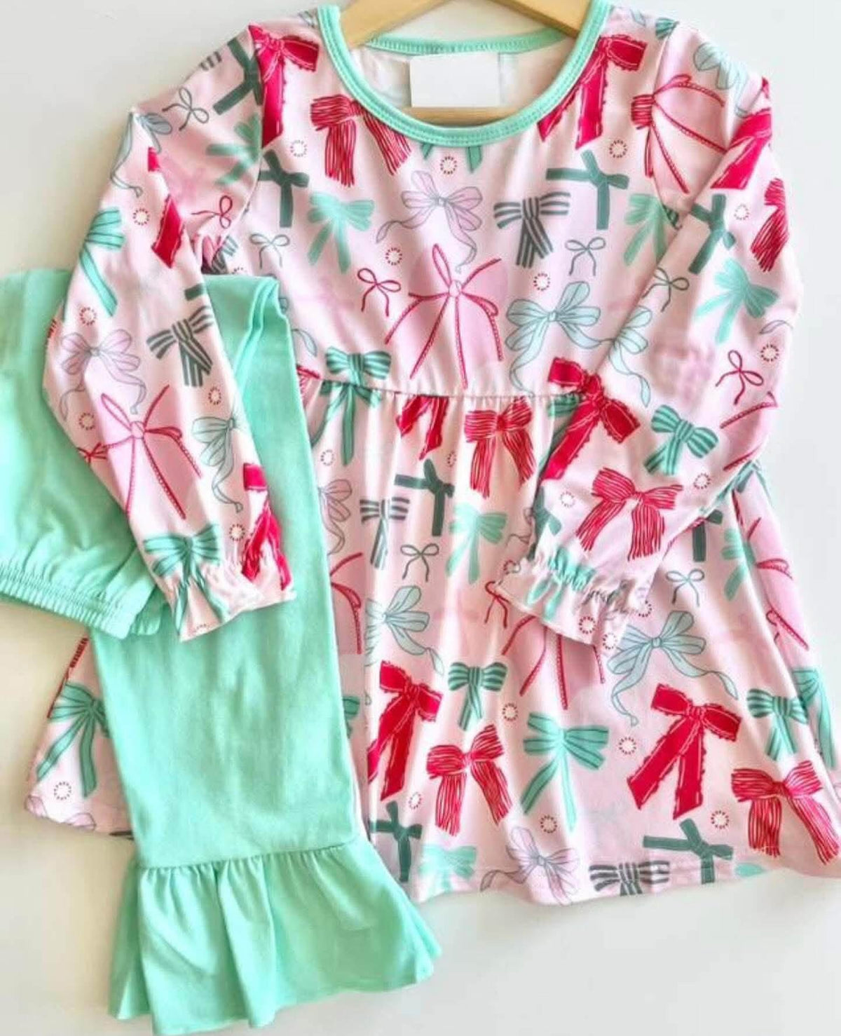 Christmas Bows Mint Ruffle Pants Set