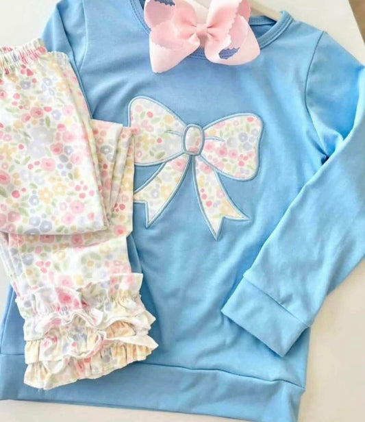 Blue Floral Bow Ruffle Pants Set