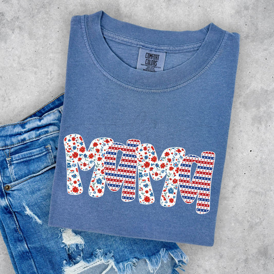 Mama with Floral and Red and Blue Stripes