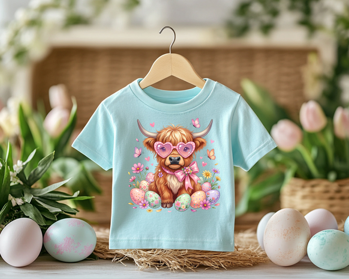 Shaggy Cow with Pink Glasses and Eggs