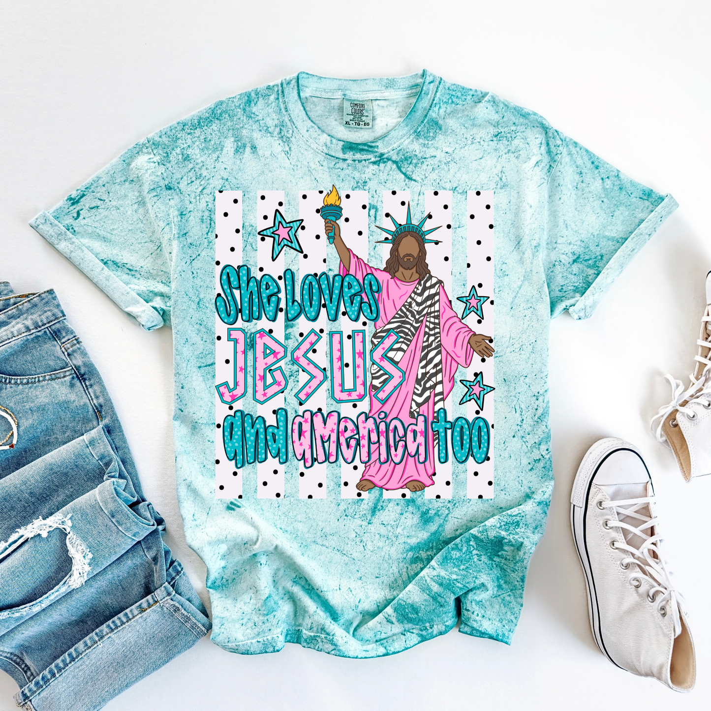 She Loves Jesus and America Too Teal and Pink