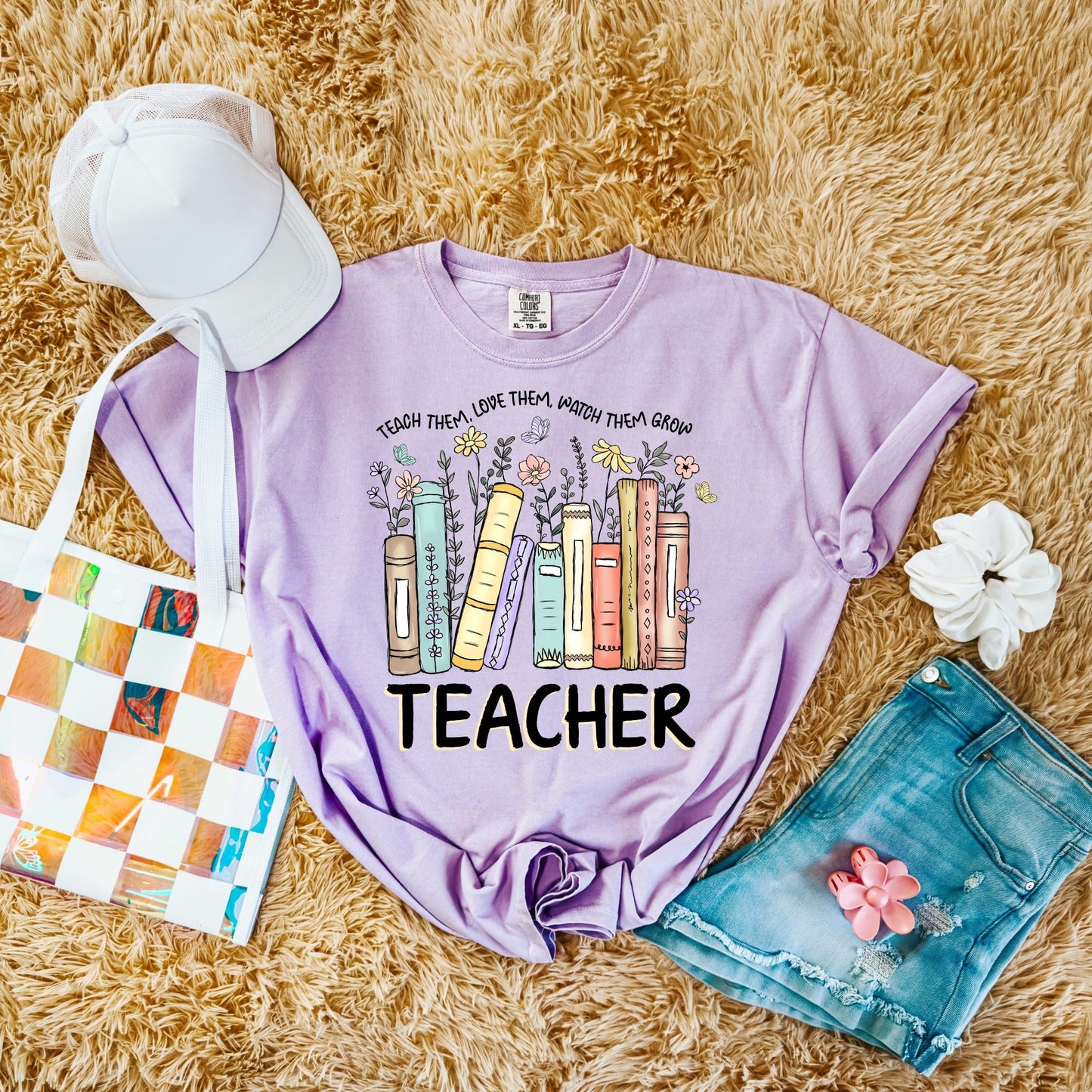 Teacher with Shelf of Books Flowers