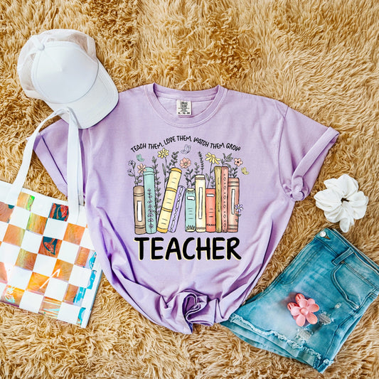 Teacher with Shelf of Books Flowers