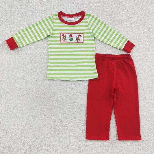 Embroidered Grinch Trio with Green Stripes 2pc Boy Set